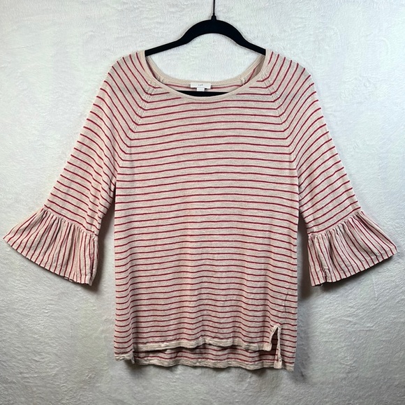 J. Jill Tops - J. Jill Red and Cream Linen Blouse with 3/4 Bell Sleeves Medium